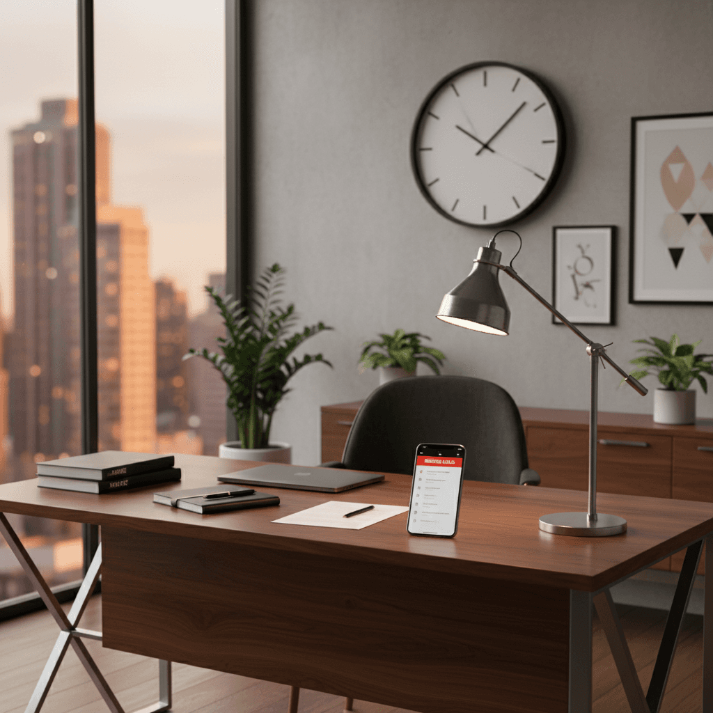 Law office desk with phone showing missed follow-up notifications